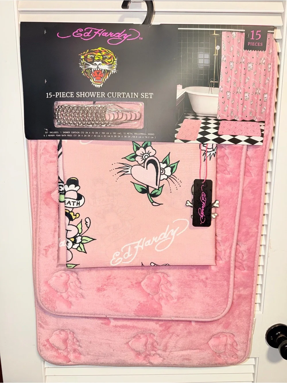 🐯Ed Hardy Pink 15-Piece Shower Curtain Set with Heart Tattoo 💖